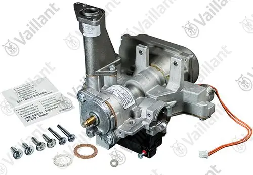 Vaillant Gasarmatur mit verschiedenen Anschlüssen und Zubehörteilen, darunter Schrauben und Dichtungen, abgebildet auf grauem Hintergrund.
